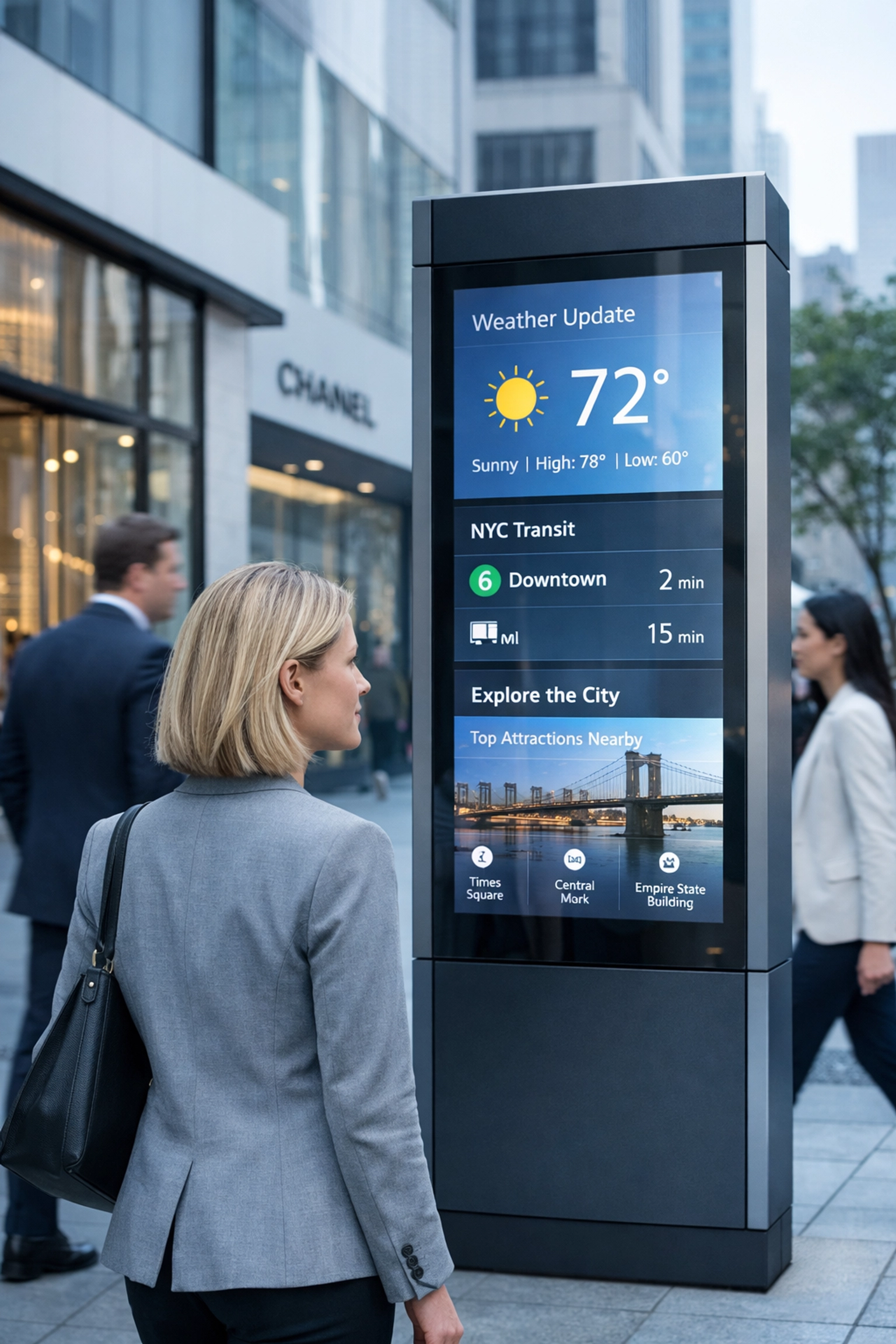 Hyper-targeted digital street furniture display reaching professionals in a busy urban district.