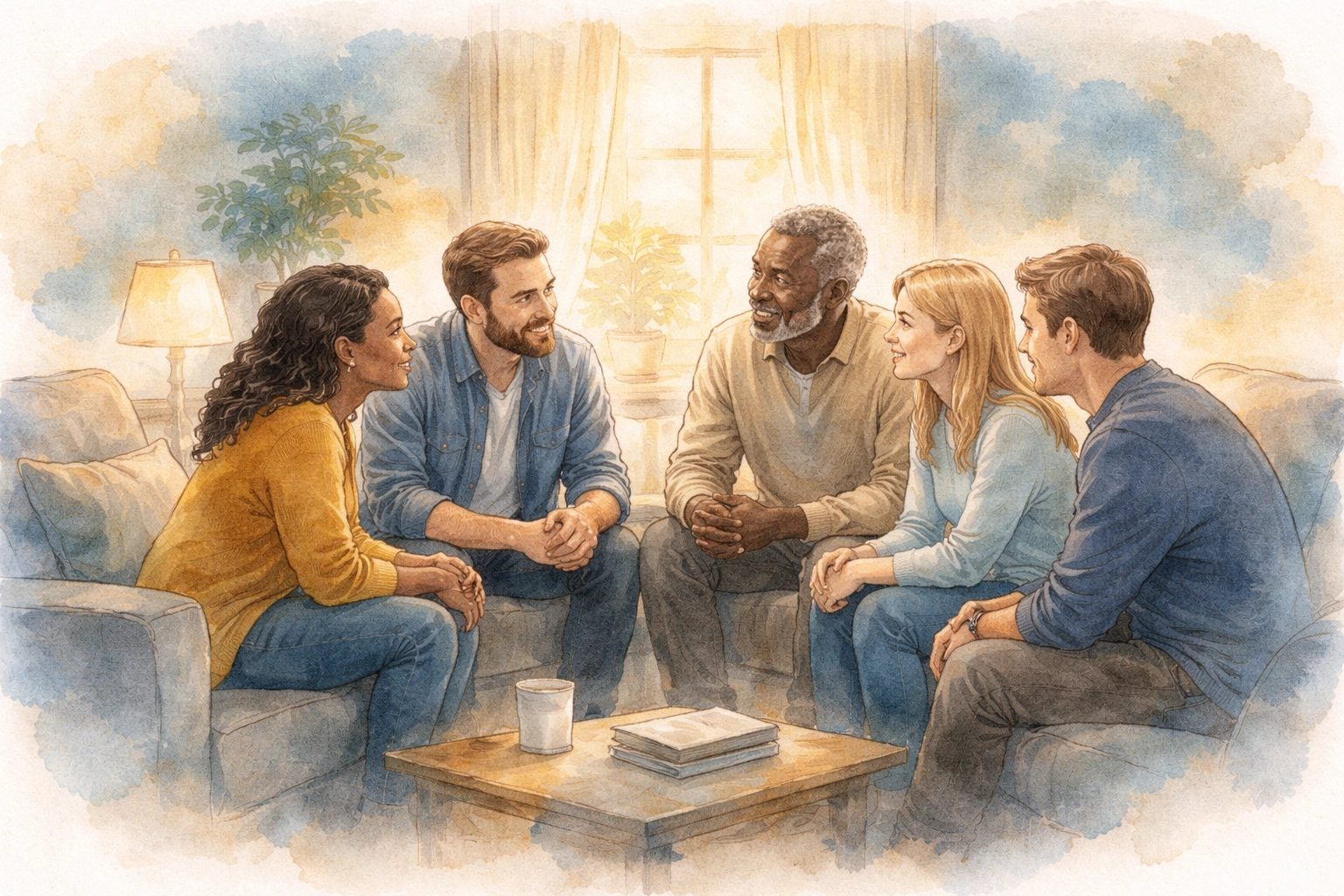 A small group of diverse people gathered in a cozy living room, representing authentic Christian community and belonging.