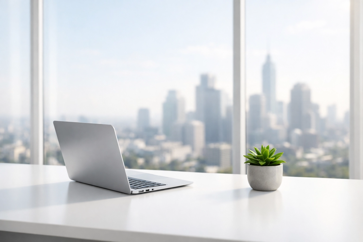 Clean and organized Chicago office workstation with a city skyline view to prevent clutter.