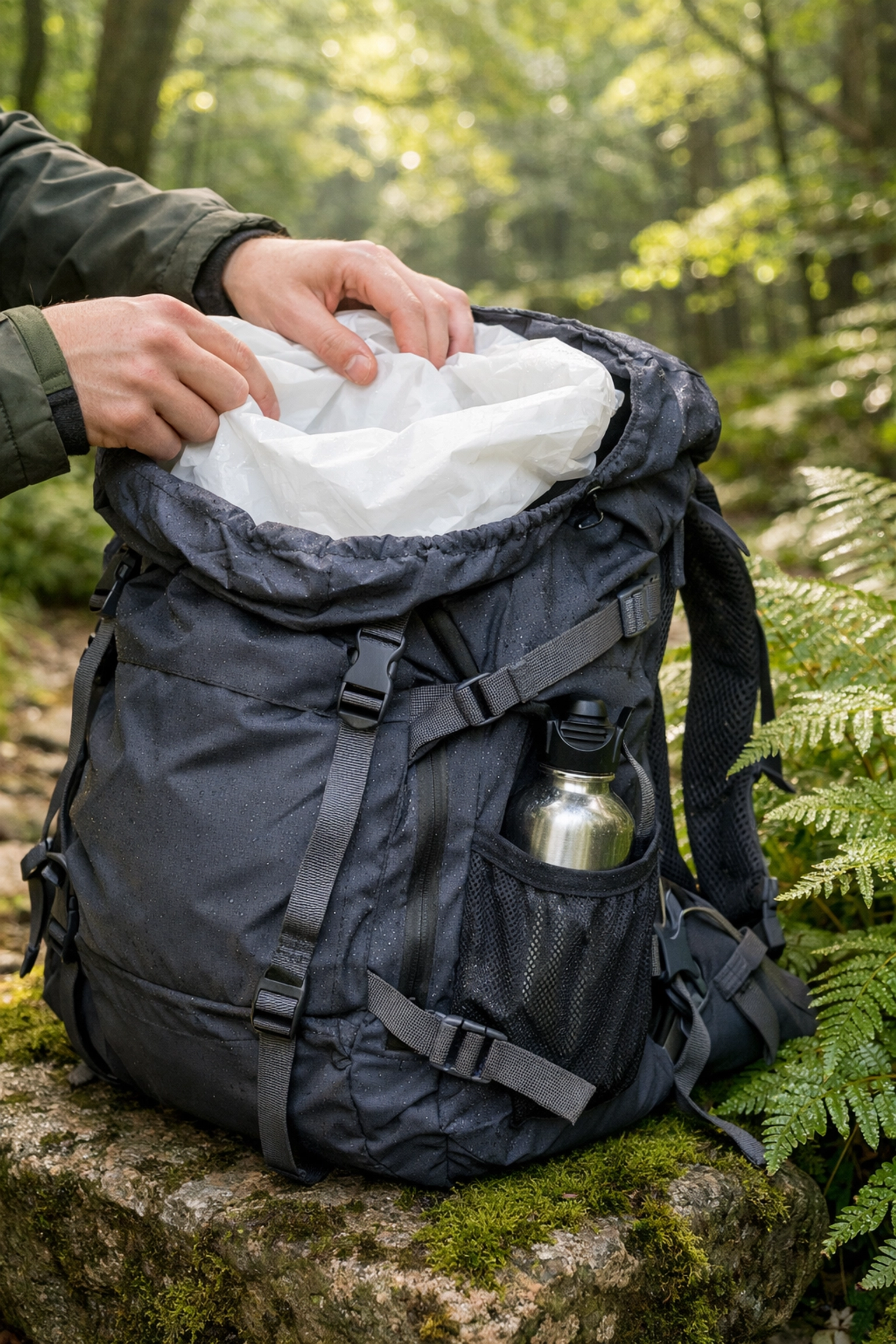 Hiker inserting a waterproof liner into a backpack for a lightweight camping adventure UK.