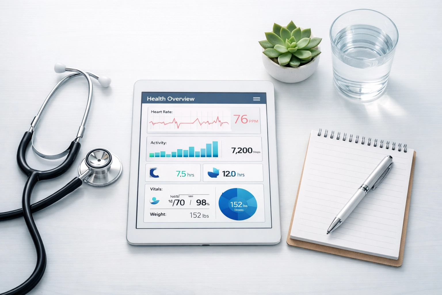 Medical professional's desk with stethoscope and health data for tirzepatide weight loss supervision