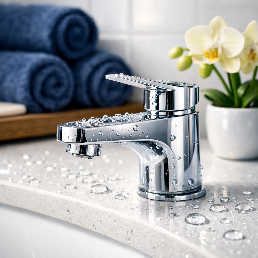 Sparkling clean bathroom vanity and chrome faucet highlighting professional house cleaning results.