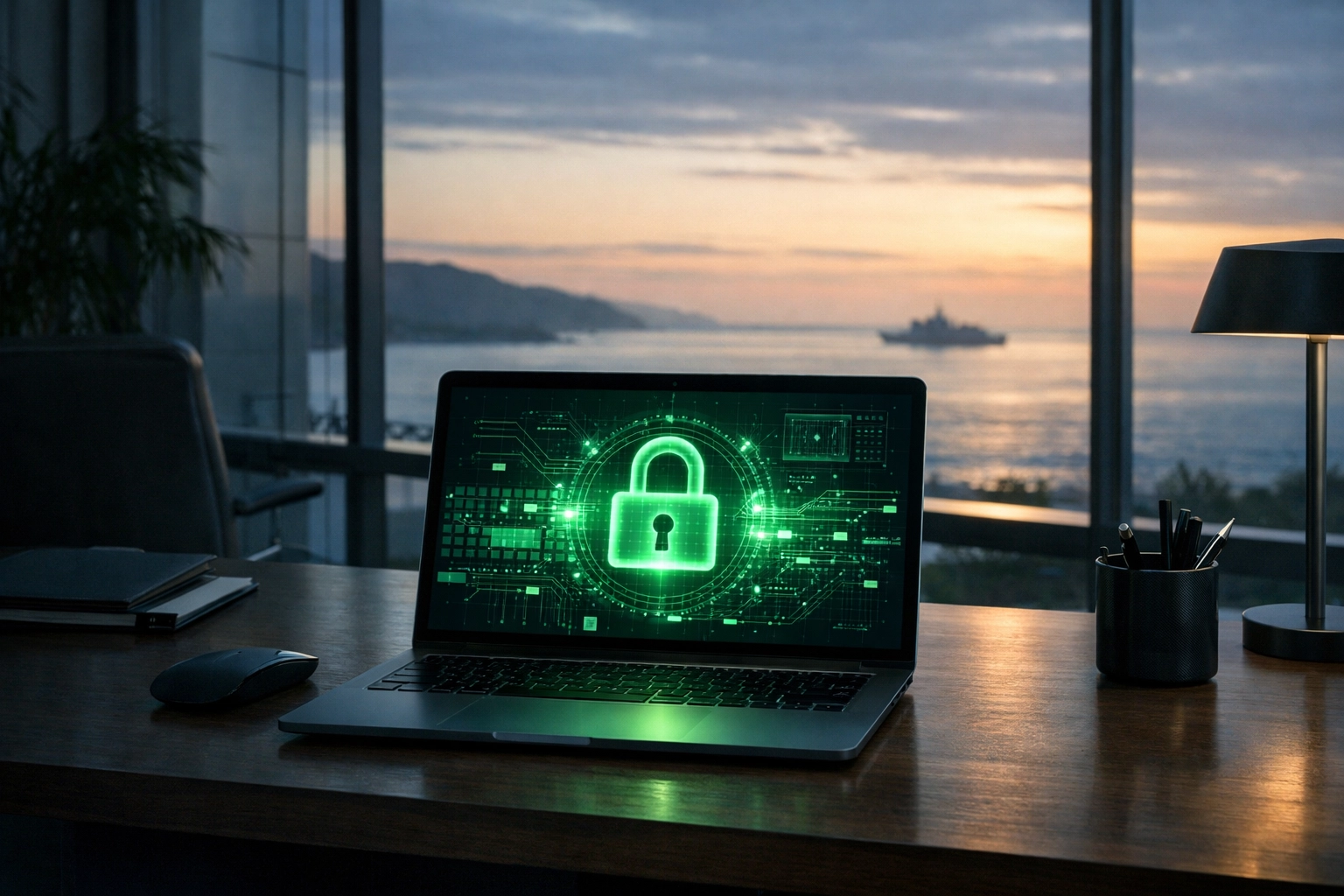 Secure network security monitoring in a Ventura office overlooking the coast and naval base.