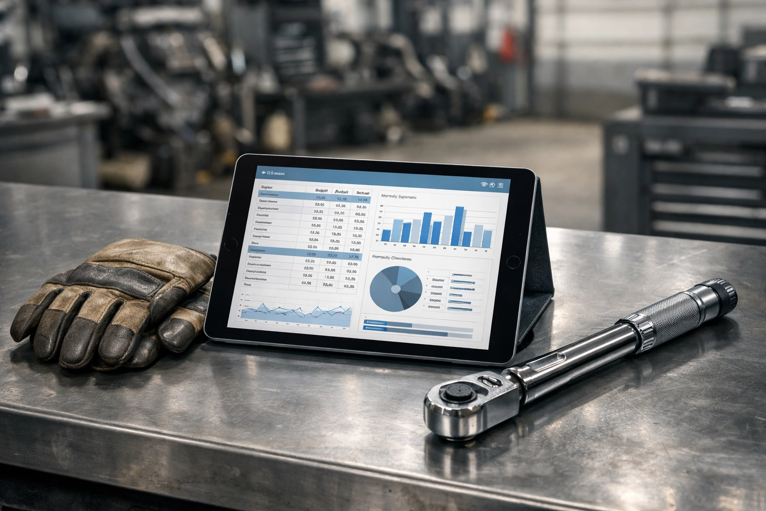 Industrial workbench with a tablet showing labor margin calculations and a torque wrench in a diesel repair shop.