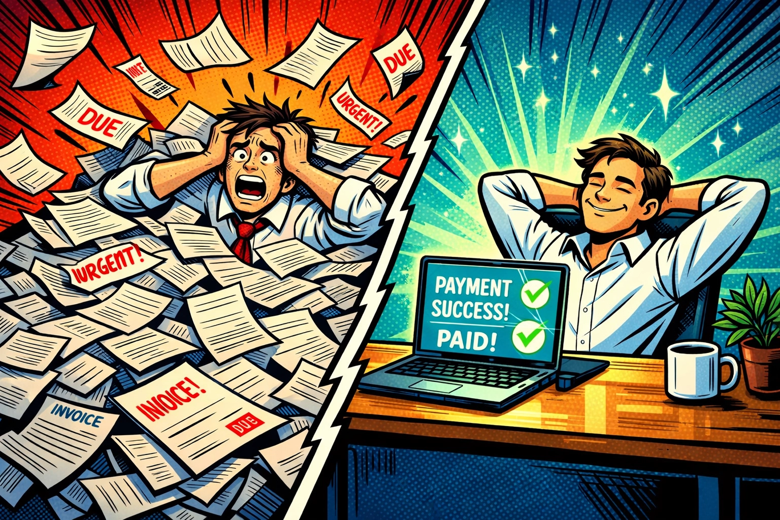 Business owner transitioning from manual invoicing chaos to automated invoice generation with AI