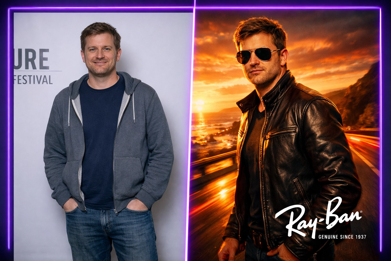 Before and after comparison showing AI photo booth transformation for Ray-Ban campaign