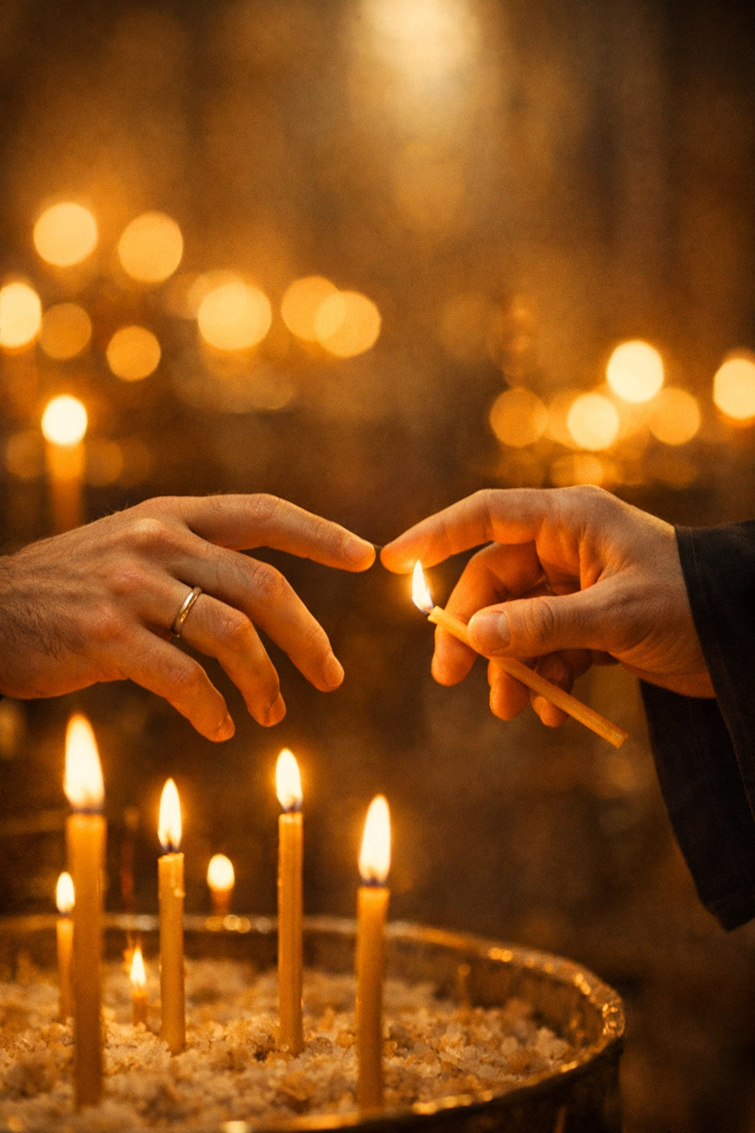 Hands nearly touching while lighting candles depicting MM romance forced proximity