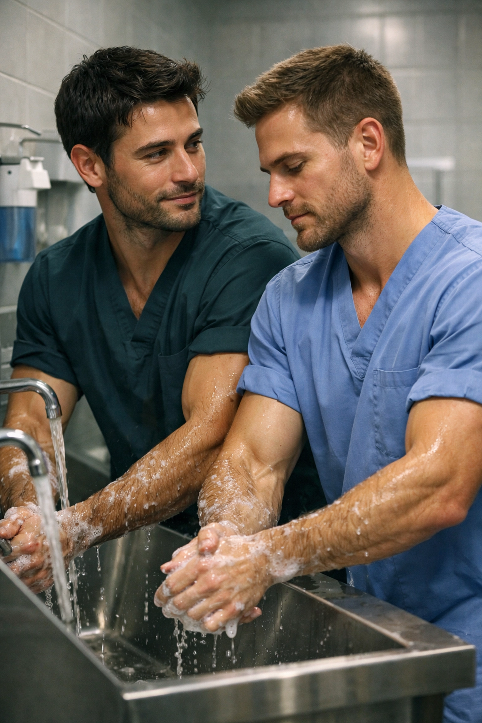 Two doctors scrubbing in together, highlighting the forced proximity found in gay medical romance books.