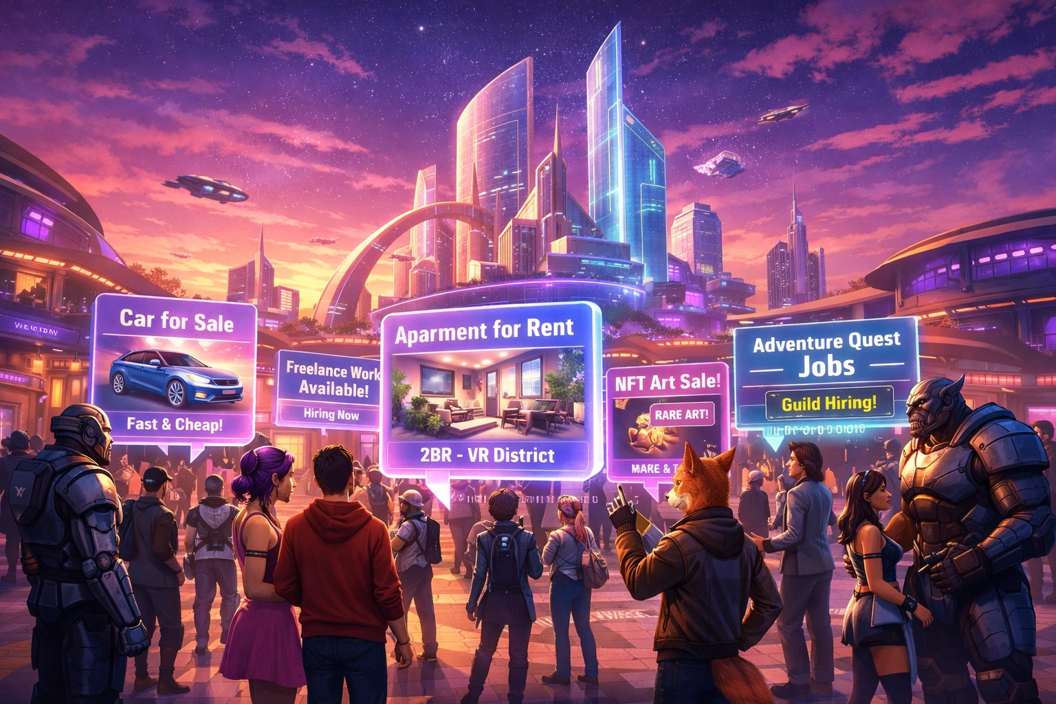 Global metaverse community plaza featuring interactive 3D commerce ads and digital social spaces.