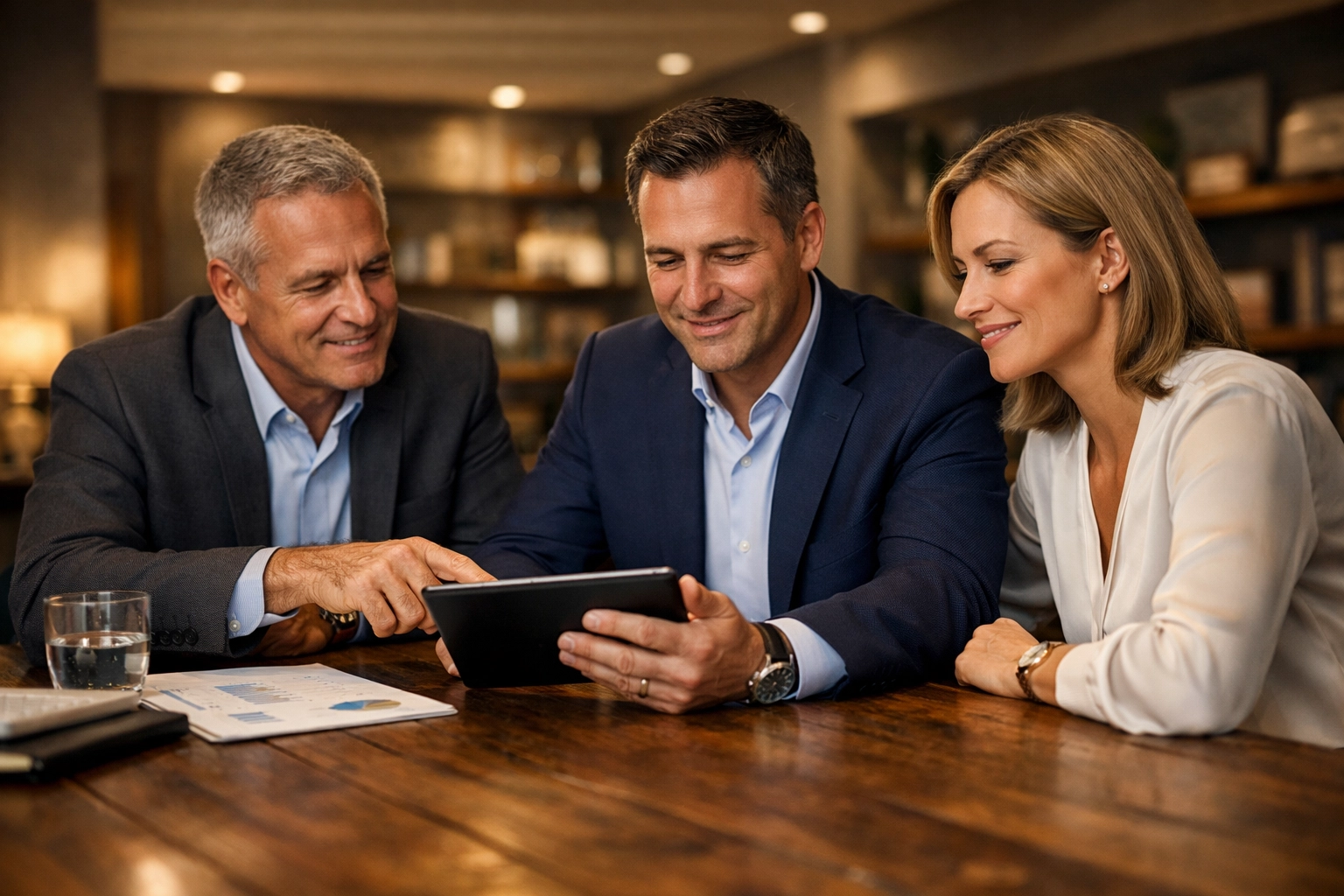 A business owner and advisors collaborating on a de-risked corporate succession strategy.