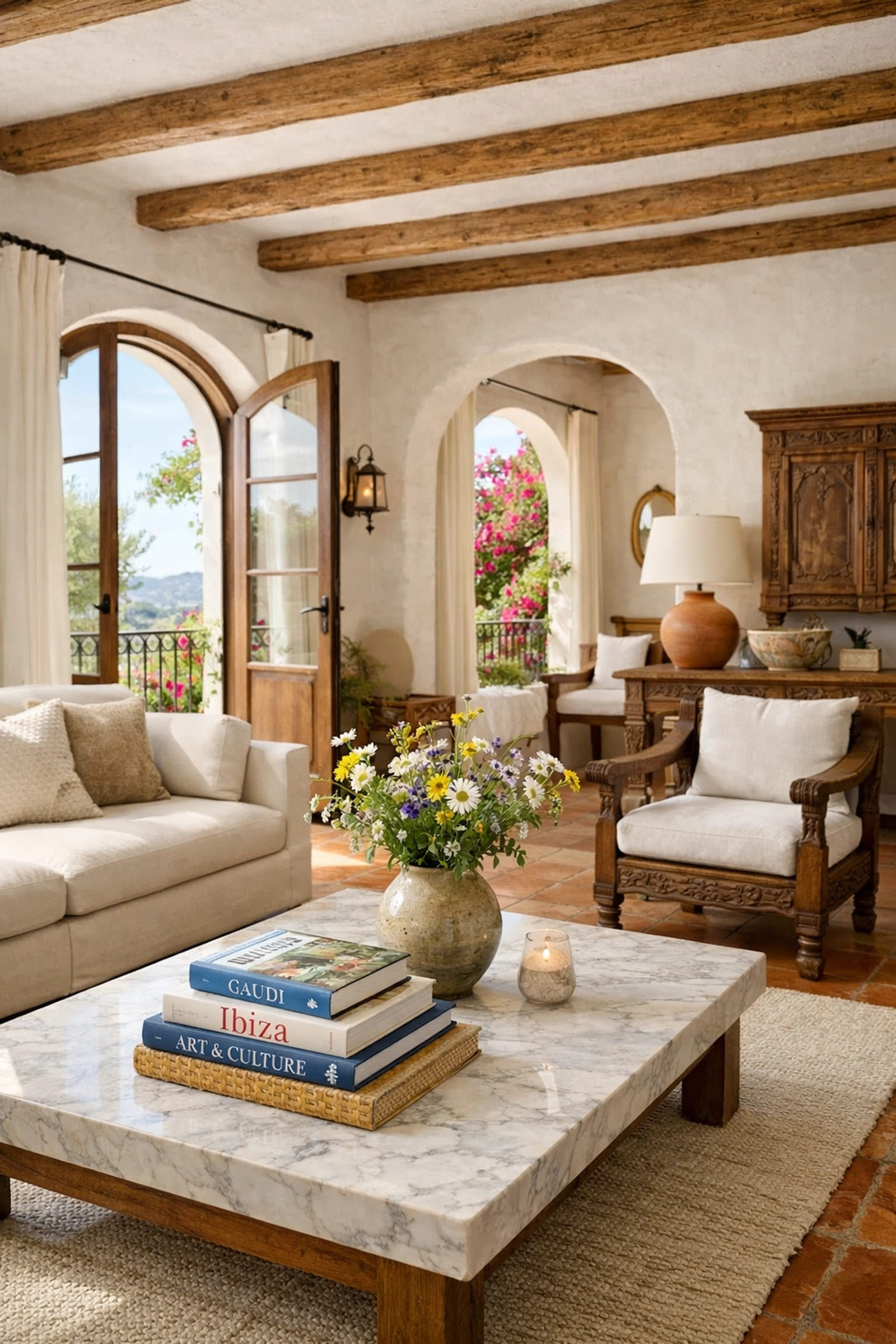 Staged luxury Spanish villa living room ready for high-end vacation rental guests.