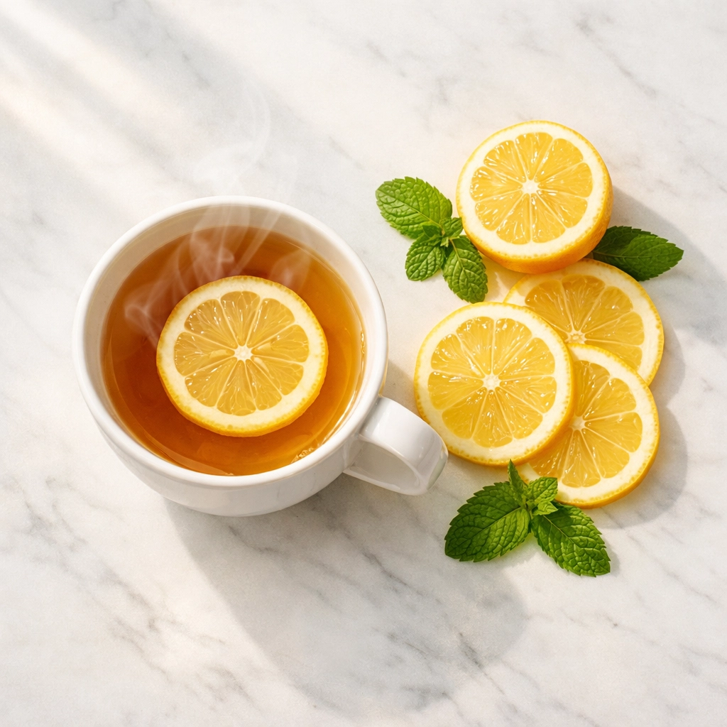 Fresh lemon tea with lemon slices for morning digestion support