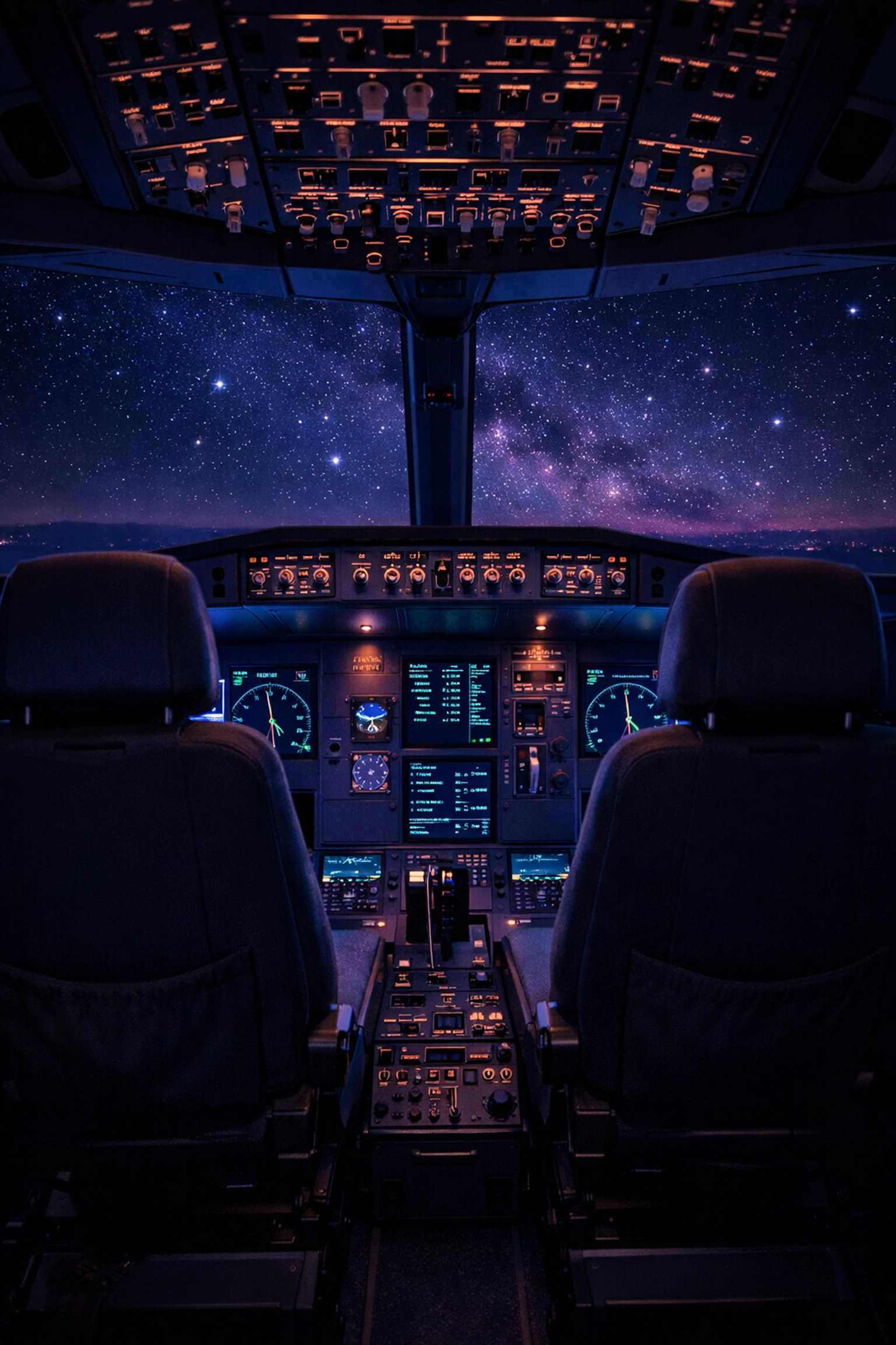 Empty pilot cockpit at night with starlit sky representing forbidden workplace romance tension