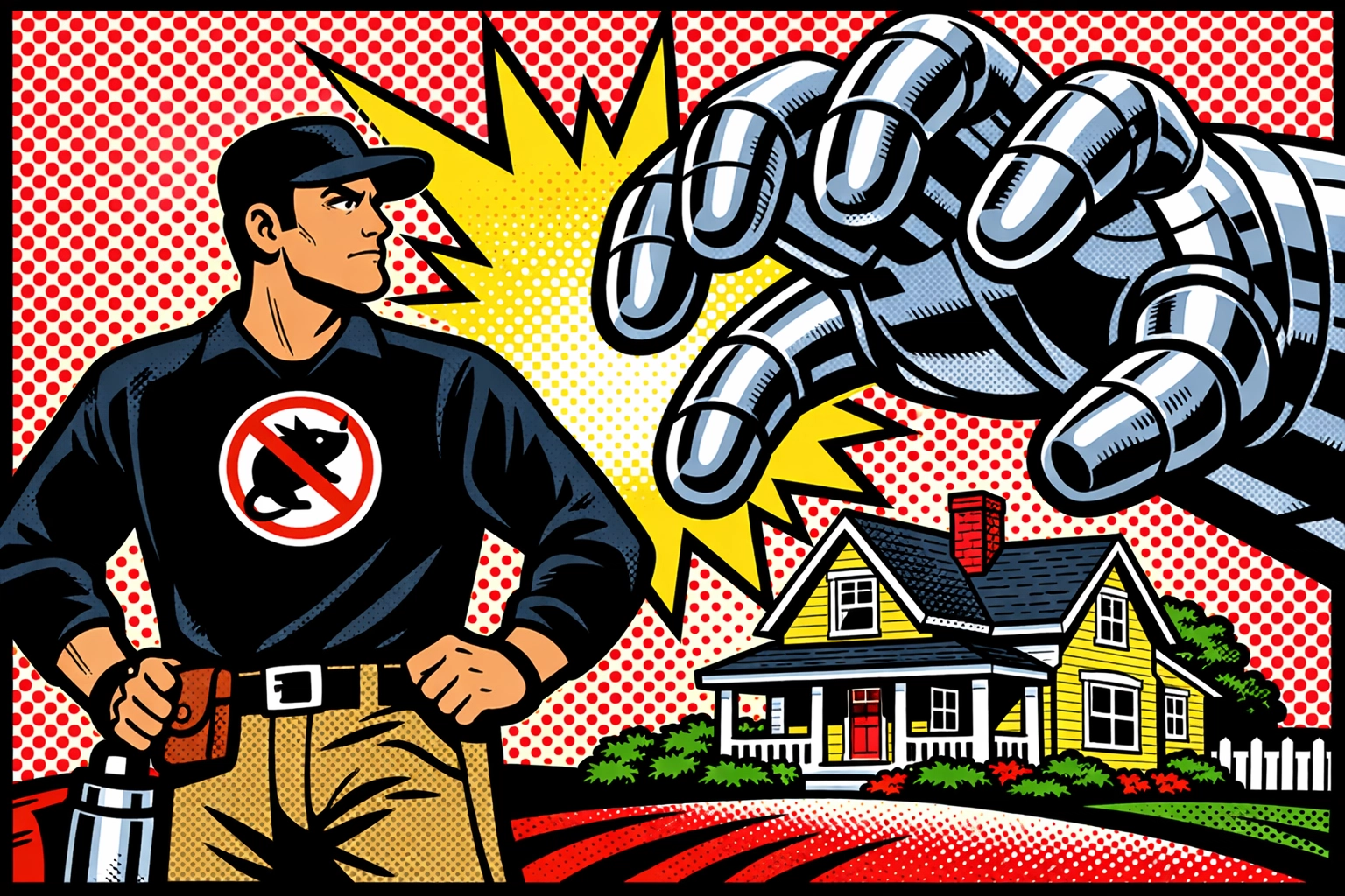 Heroic Jasper AL exterminator defending a local home against a giant robotic hand in a retro comic style.