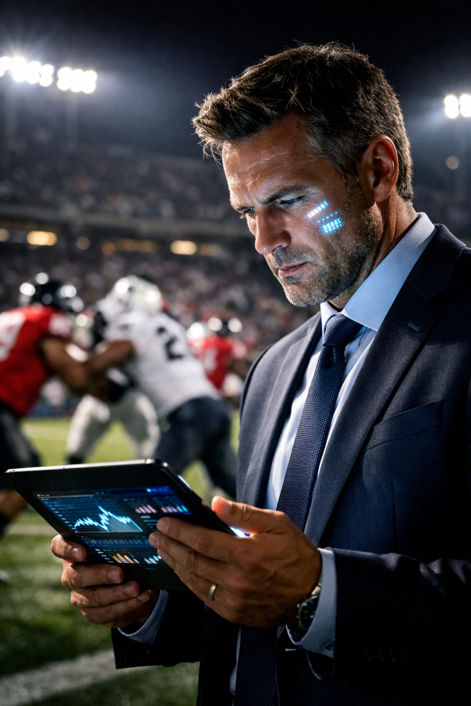 A sports executive analyzes athlete performance data on a tablet for a high-performance NIL brand strategy.