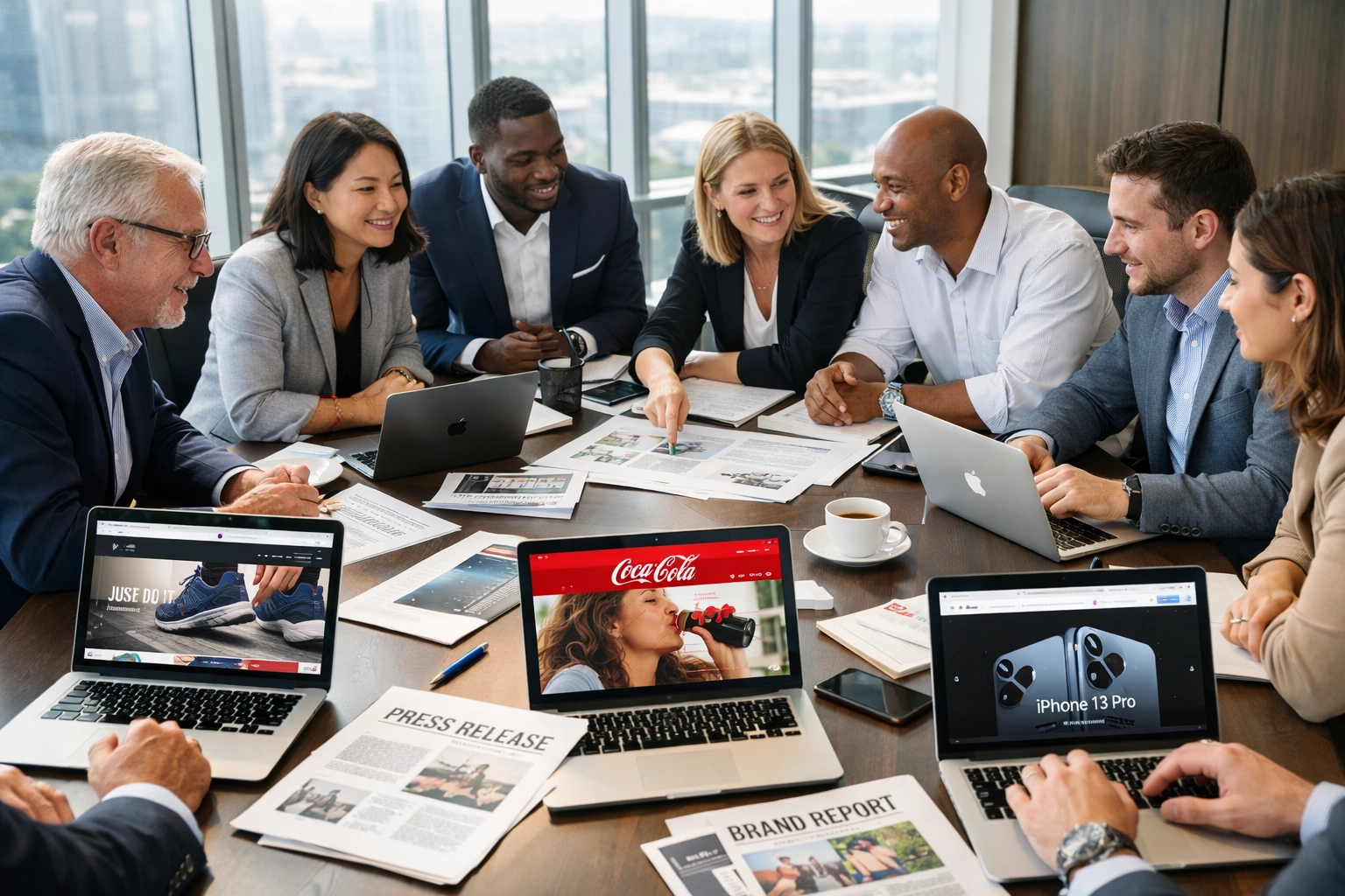 Business team collaborating on multi-brand press distribution strategy in modern boardroom