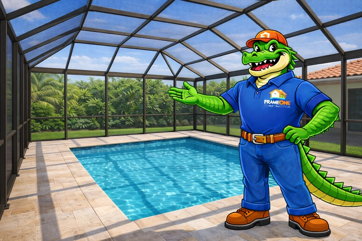 Official mascot Al E. Gator standing proudly in his full FrameOne uniform on the pool deck inside a structurally sound, fully enclosed Mansard-style bronze aluminum pool screen enclosure that completely surrounds the pool and deck, with realistic screen mesh and no wooden structures.