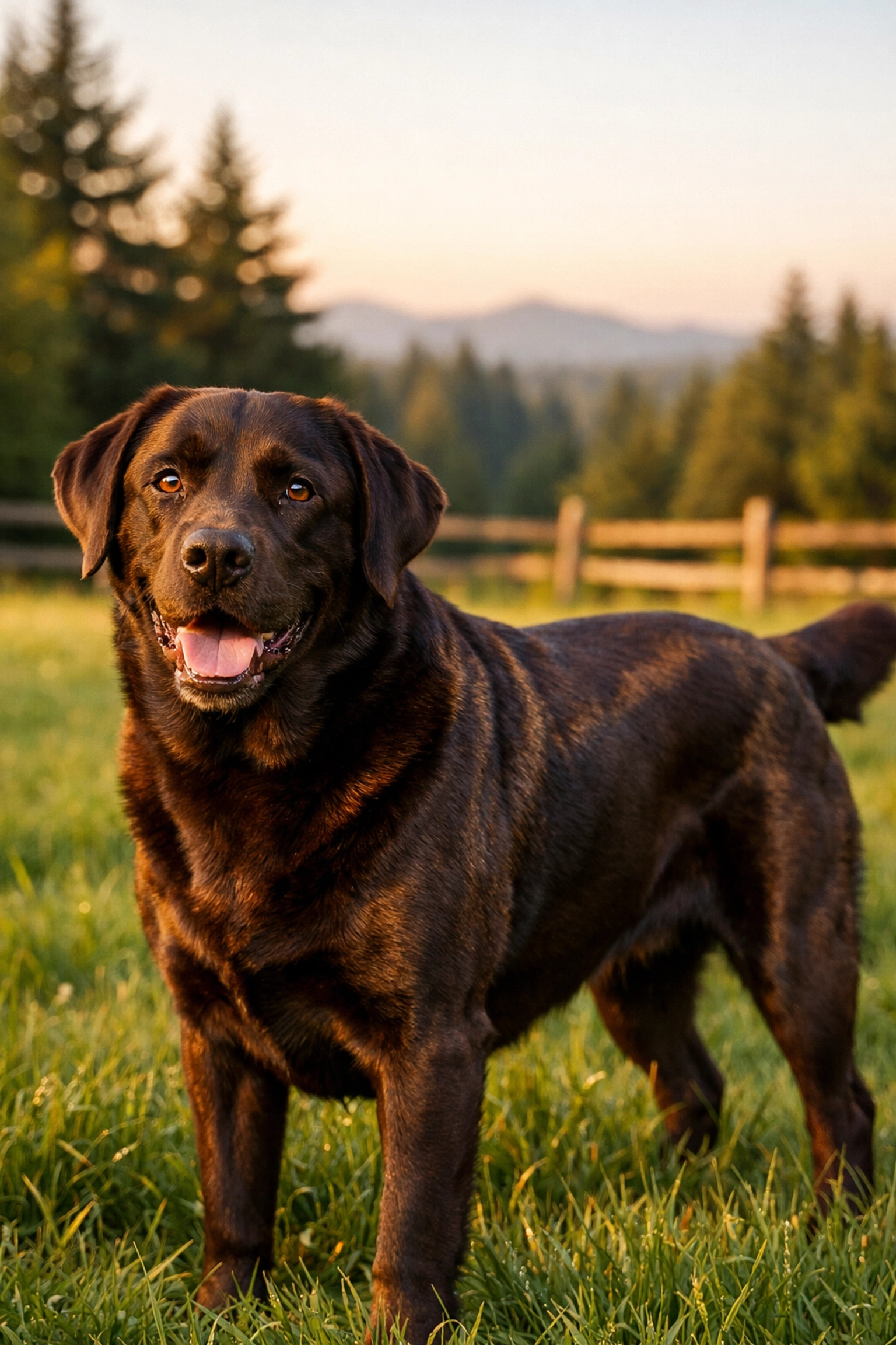 Healthy Chocolate Lab with glossy fur at Green Acres K-9 Resort showcasing holistic pet grooming in Boring.