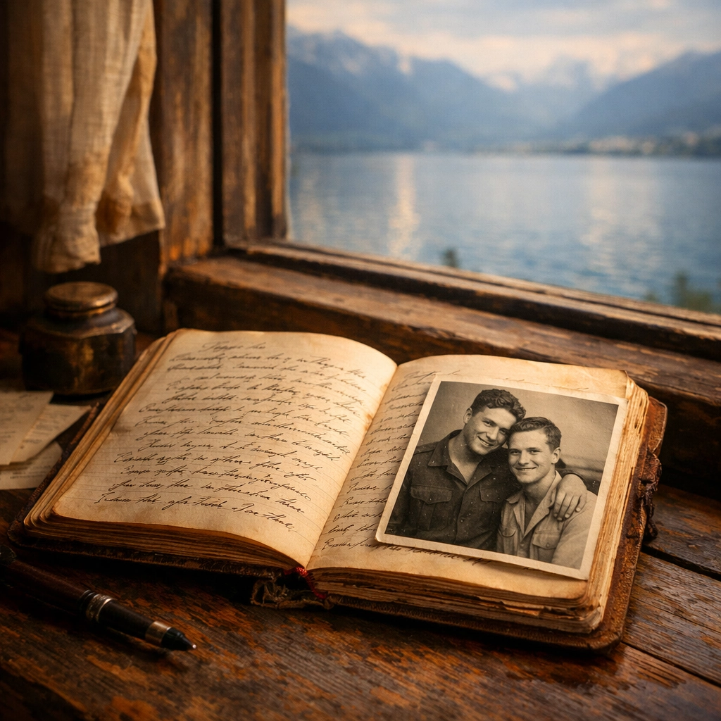 Vintage journal and 1940s photo of two men beside Lake Geneva window - gay romance history and healing themes