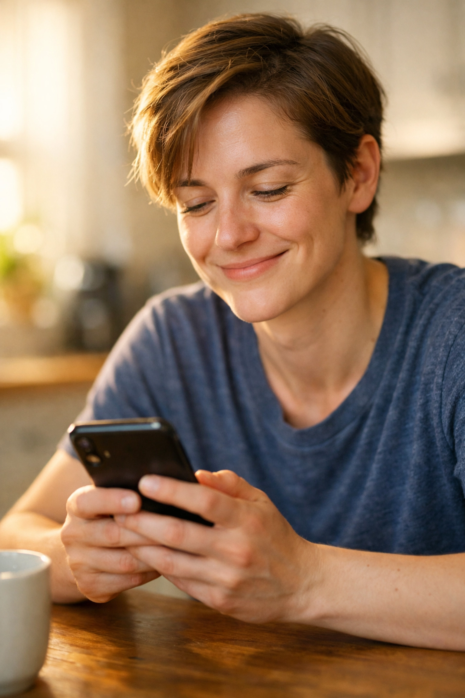 Personne souriante avec son téléphone après avoir obtenu un prêt sans enquête de crédit pour une urgence.