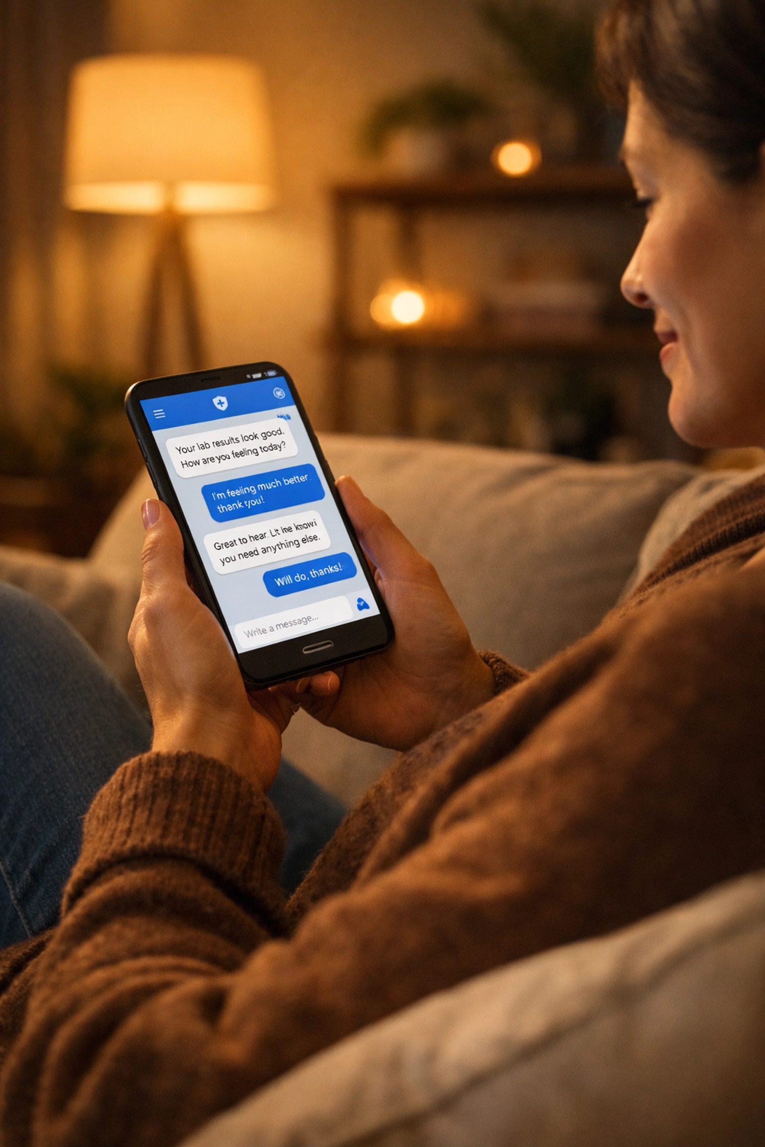 Patient using secure medical messaging on a smartphone for 24/7 telehealth access from home.