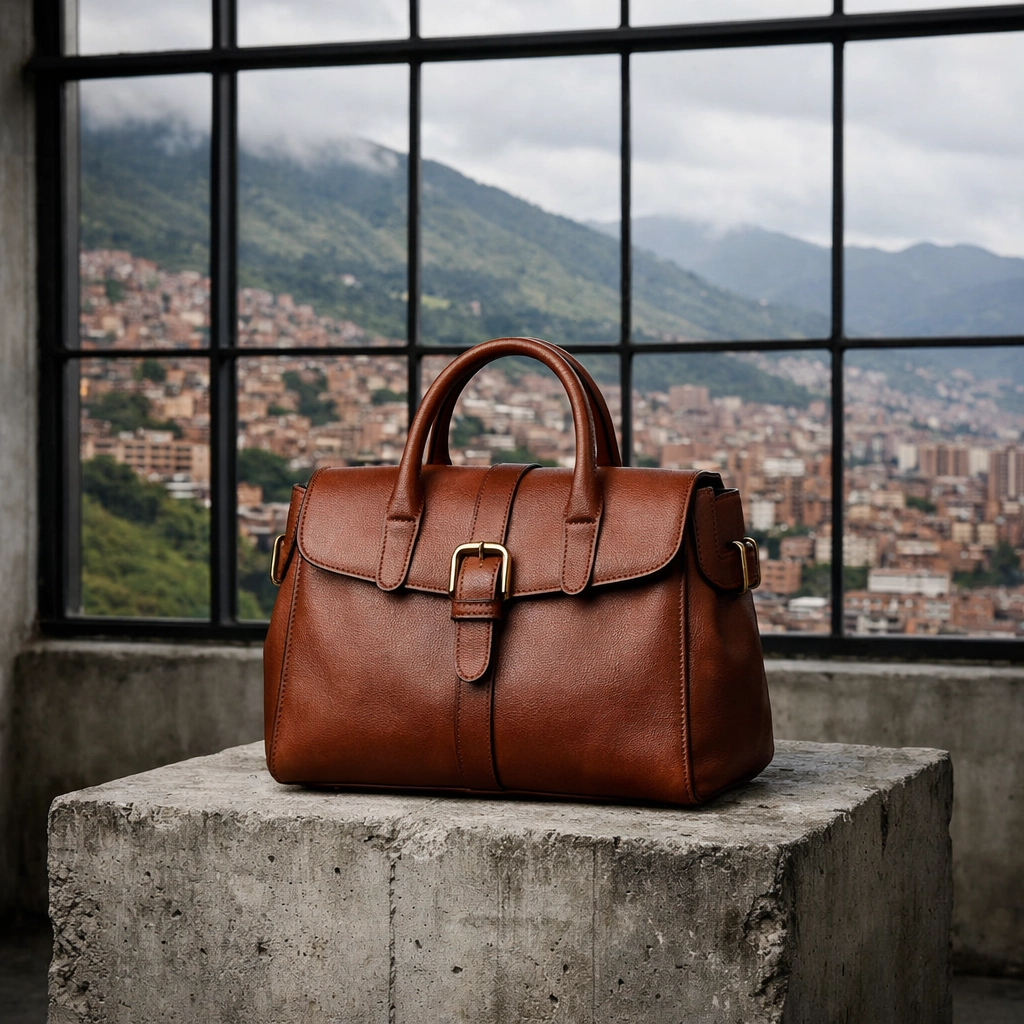 Tigre de Salón leather bag on a concrete display with a Medellín city background.
