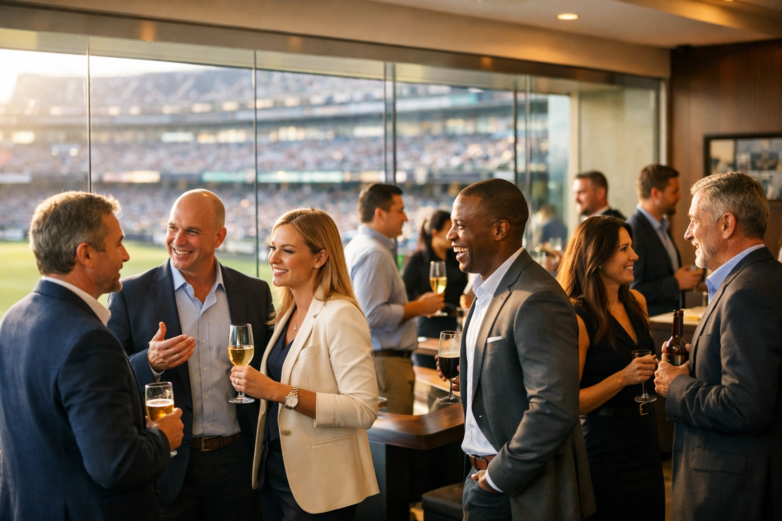 Corporate partners networking in a stadium suite to maximize revenue through sports media brand partnerships.