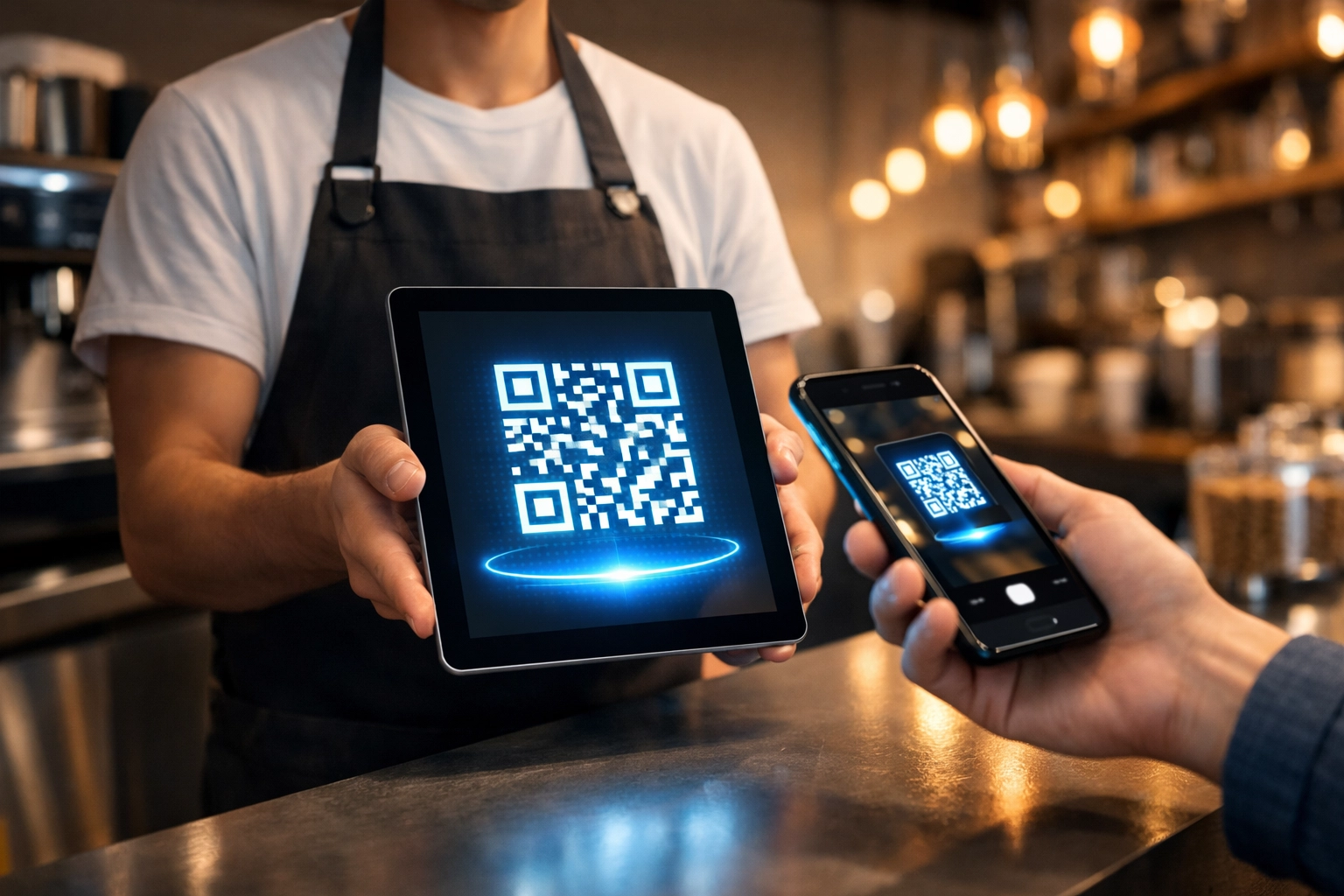 Customer scanning QR code for crypto POS payment at modern retail counter using smartphone