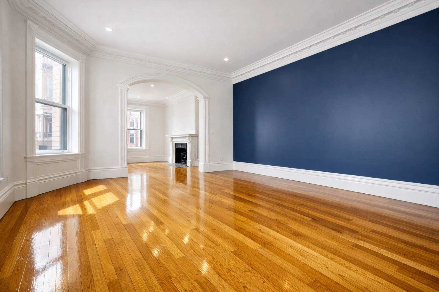 Pristine Boston apartment move-out interior with polished floors and bright white walls.