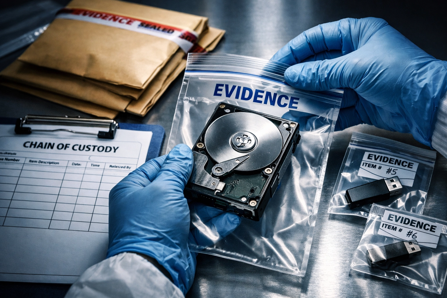 Forensic evidence preservation showing digital evidence secured in evidence bags with chain of custody