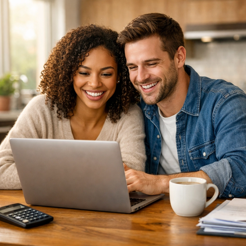First-time home buyers in Texas using a laptop and calculator to plan their monthly mortgage budget.