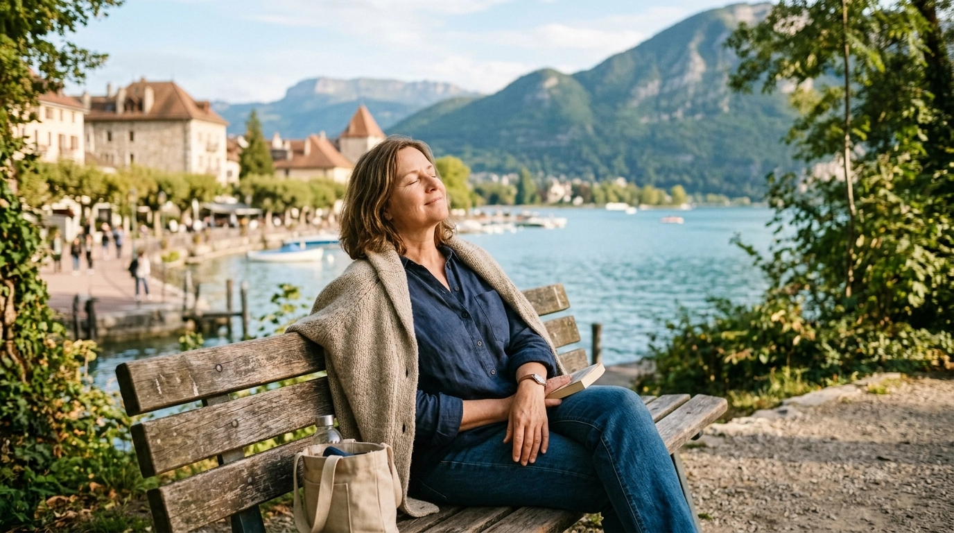 A person resting peacefully on a park bench, prioritizing recovery