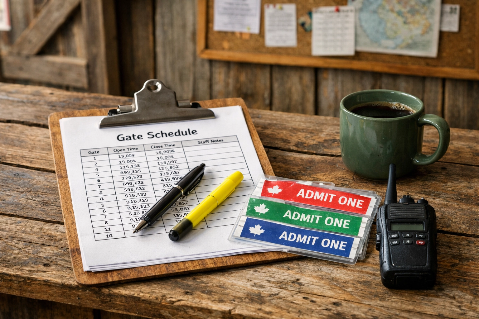 [IMAGE] Clipboard and organized fair planning documents on a rustic table