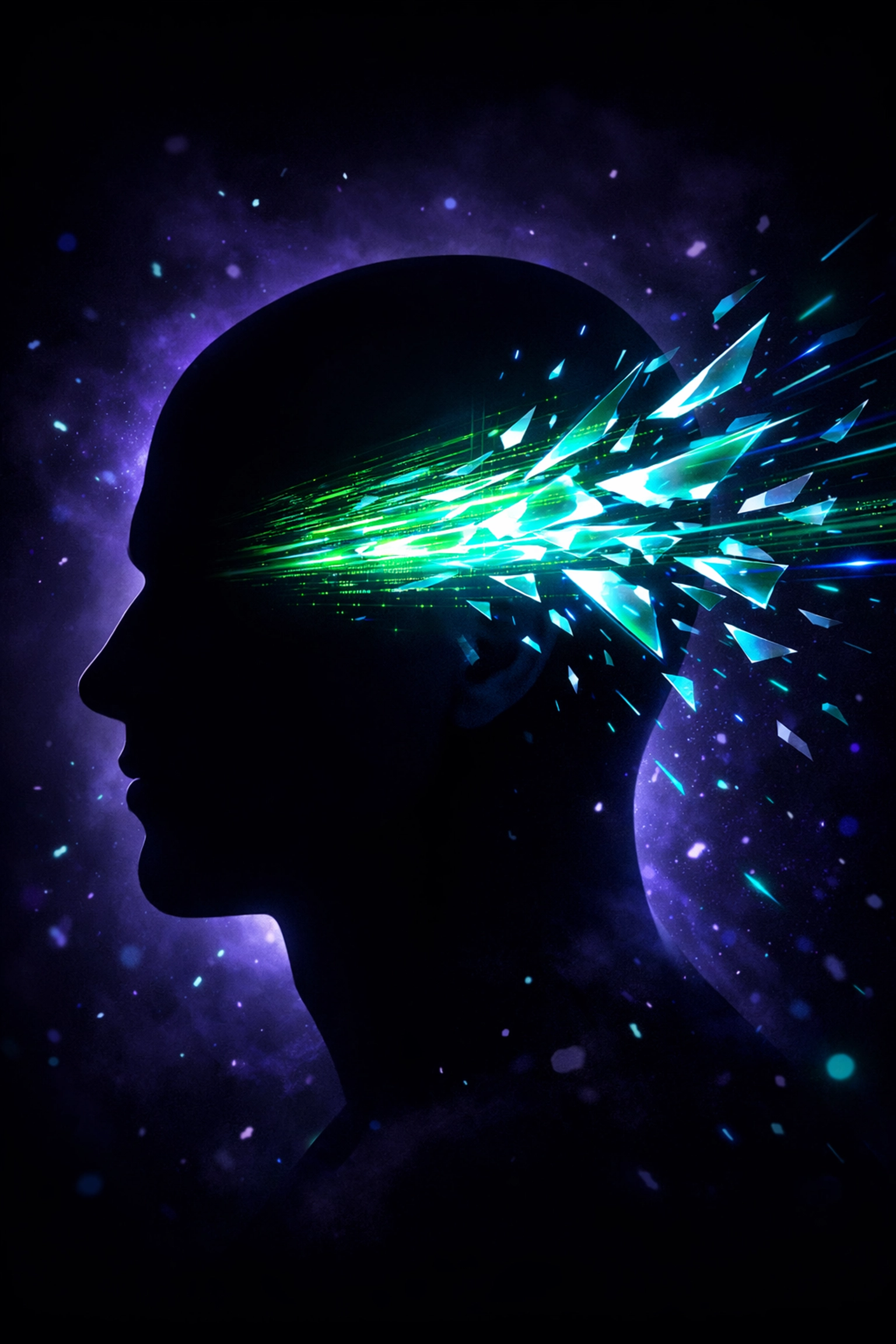 Glowing neural data streams entering a silhouette, representing rapid learning and AI readiness for the job market.