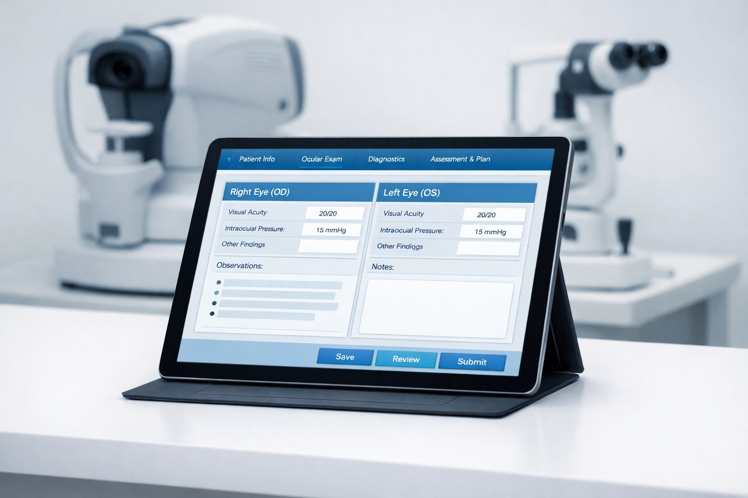 Optometry EHR documentation on a tablet used to prevent medical billing necessity denials.