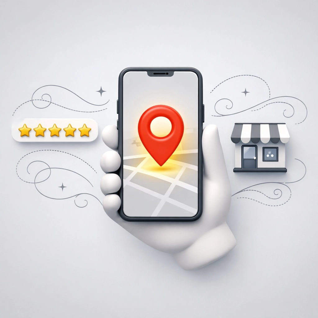 Smartphone displaying local business map markers and 5-star review icons for optimized local SEO services.