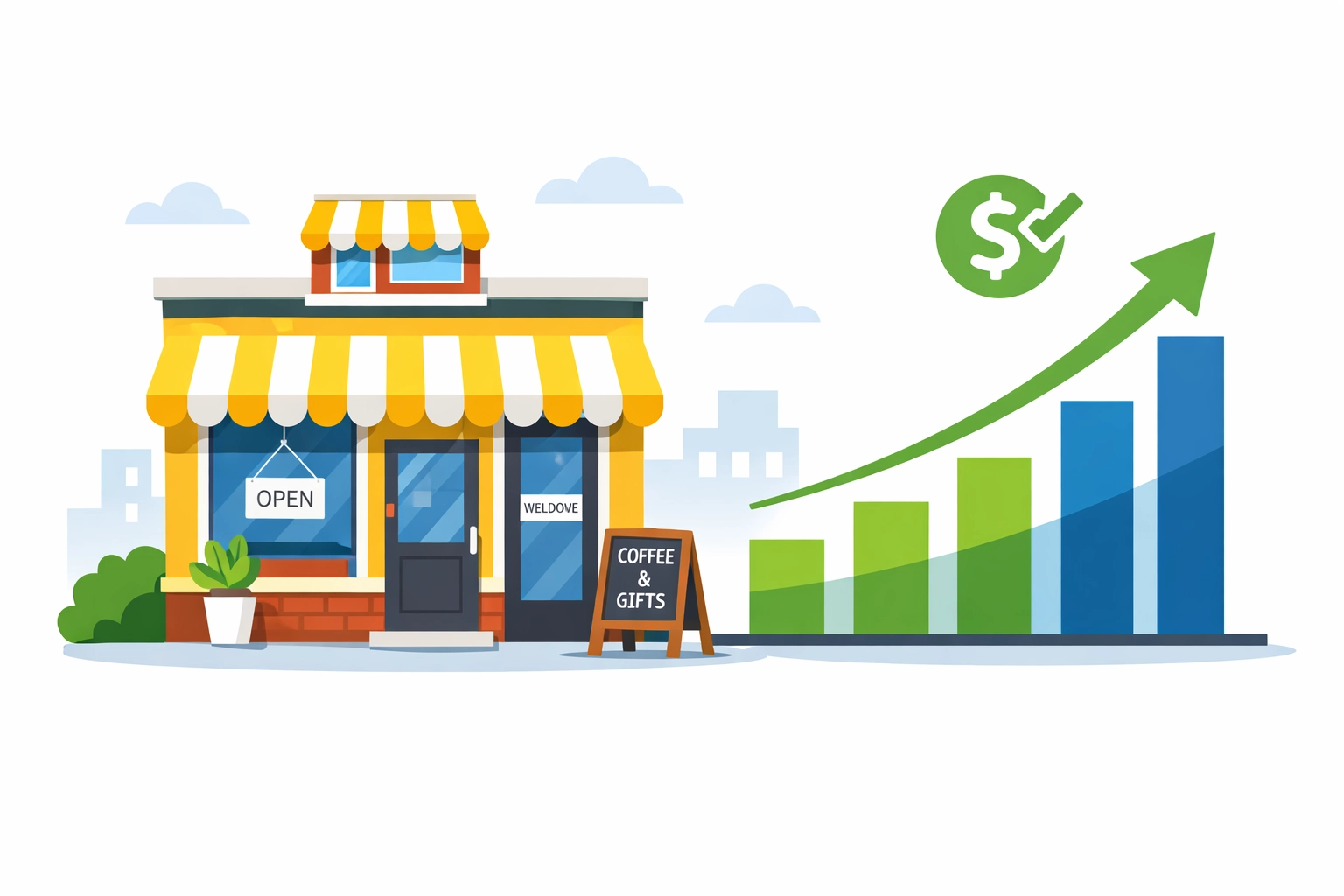 Small business storefront and rising graph symbolizing permanent 2026 tax planning for New Haven owners.
