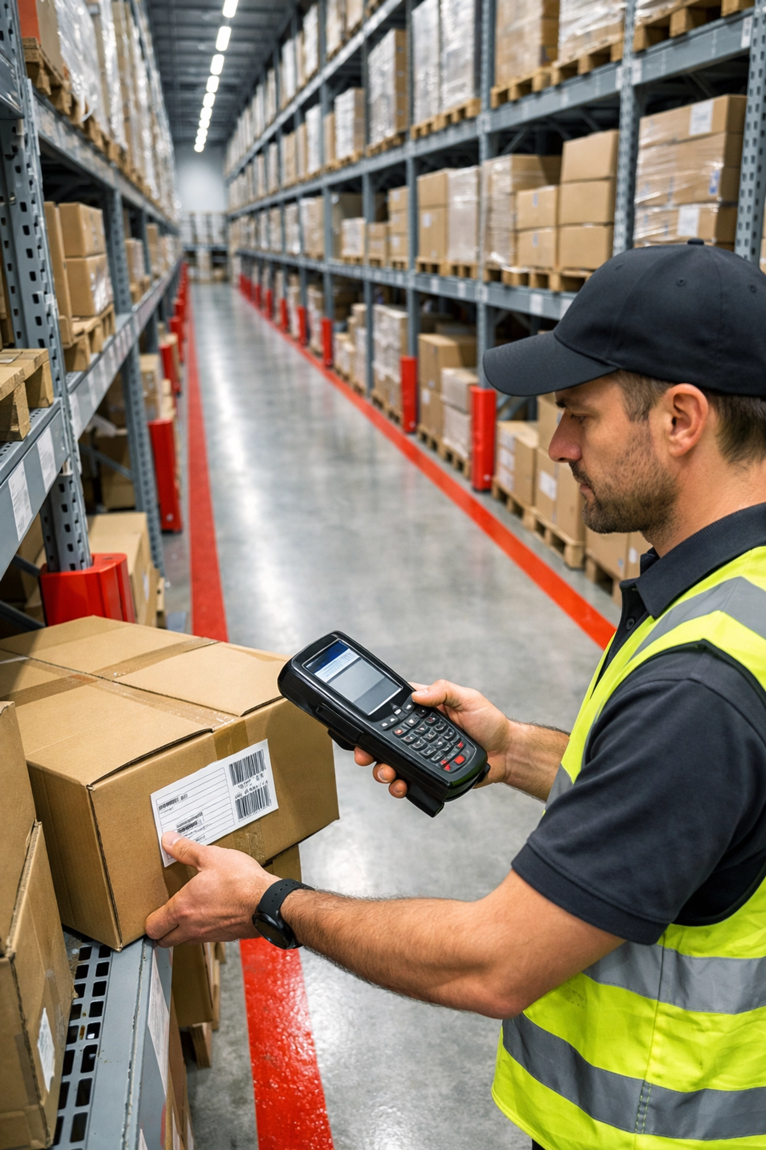 A professional operative using a digital scanner in a modern Hertford warehouse for real-time inventory tracking.