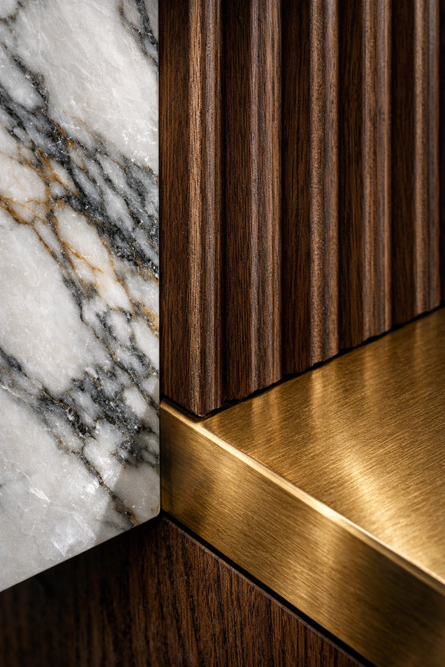 Detailed interior materials including white marble, dark walnut wood, and brass finishes for custom kitchen styling.