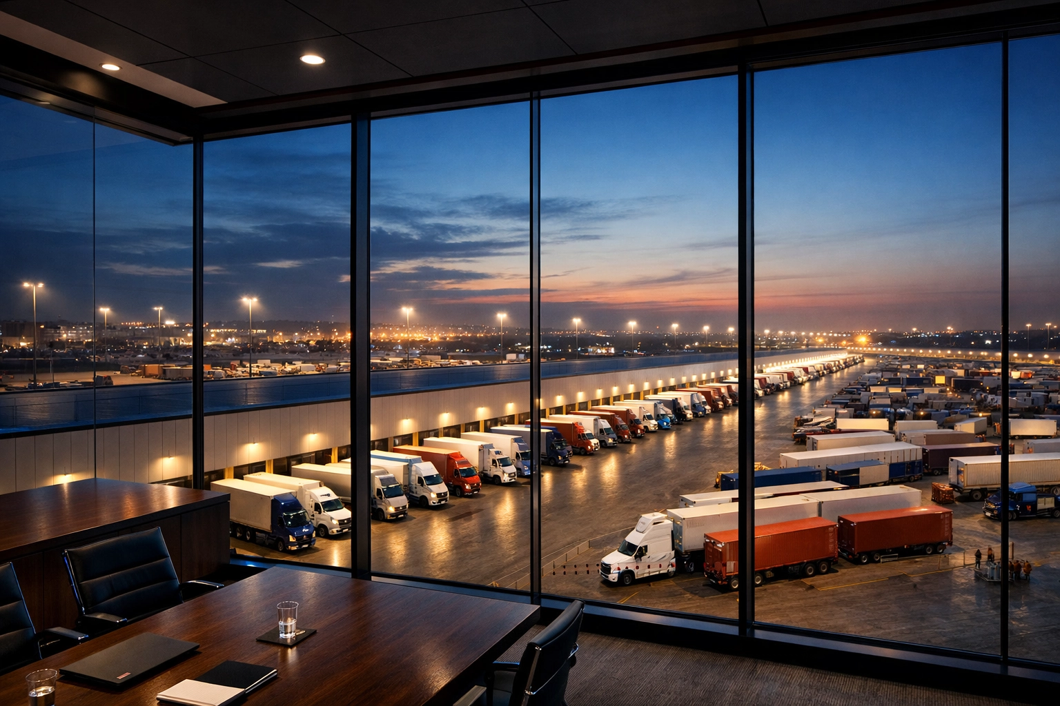 Strategic logistics hub with docked semi-trucks viewed from an executive boardroom to symbolize scale.