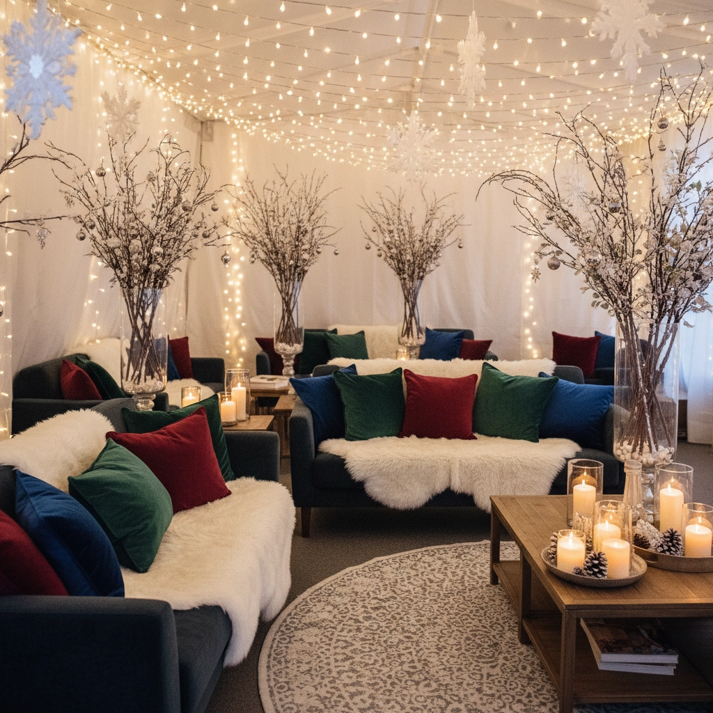 Cozy room with lit string lights, snowflakes, sofas with red and green pillows, white throws, candlelit tables, and decorative branches.