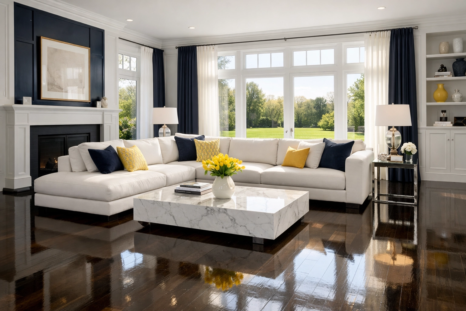 Pristine Wellesley living room with polished dark hardwood floors after a bi-weekly house cleaning.