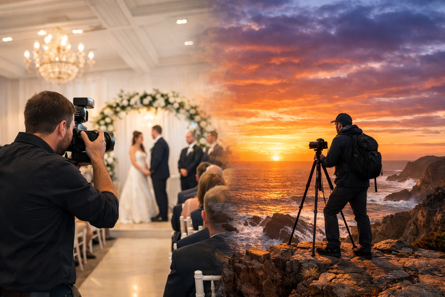 Split view of a wedding photographer and a landscape photographer at sunset showing different photography niches.