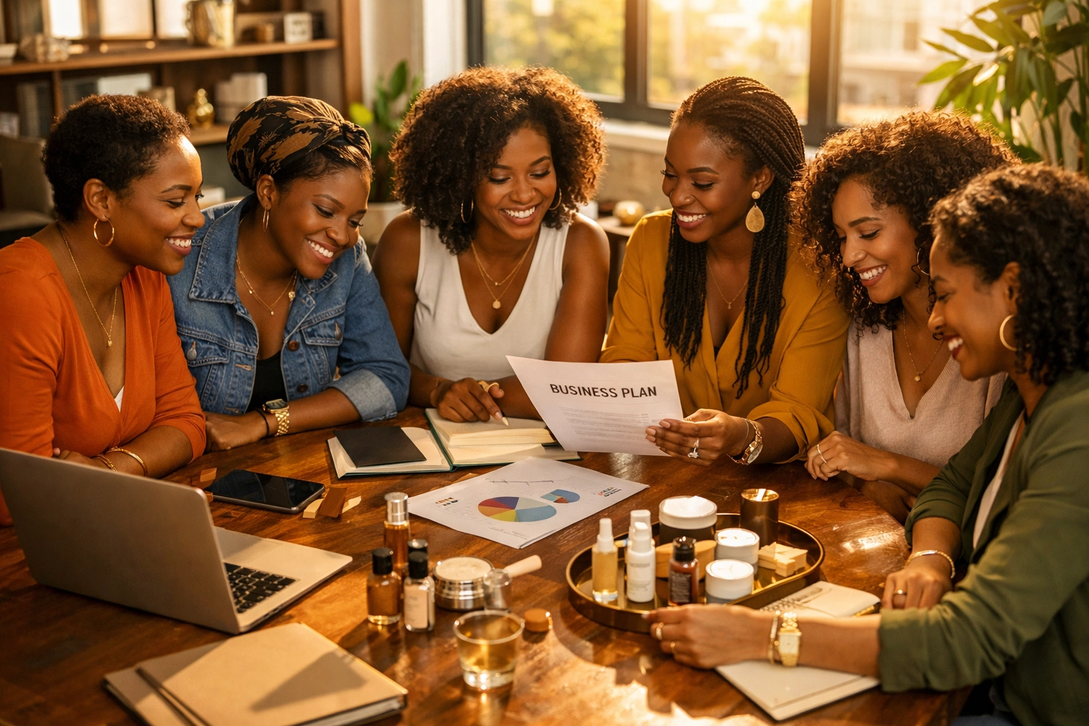 Black women entrepreneurs collaborating on business plans in modern workspace