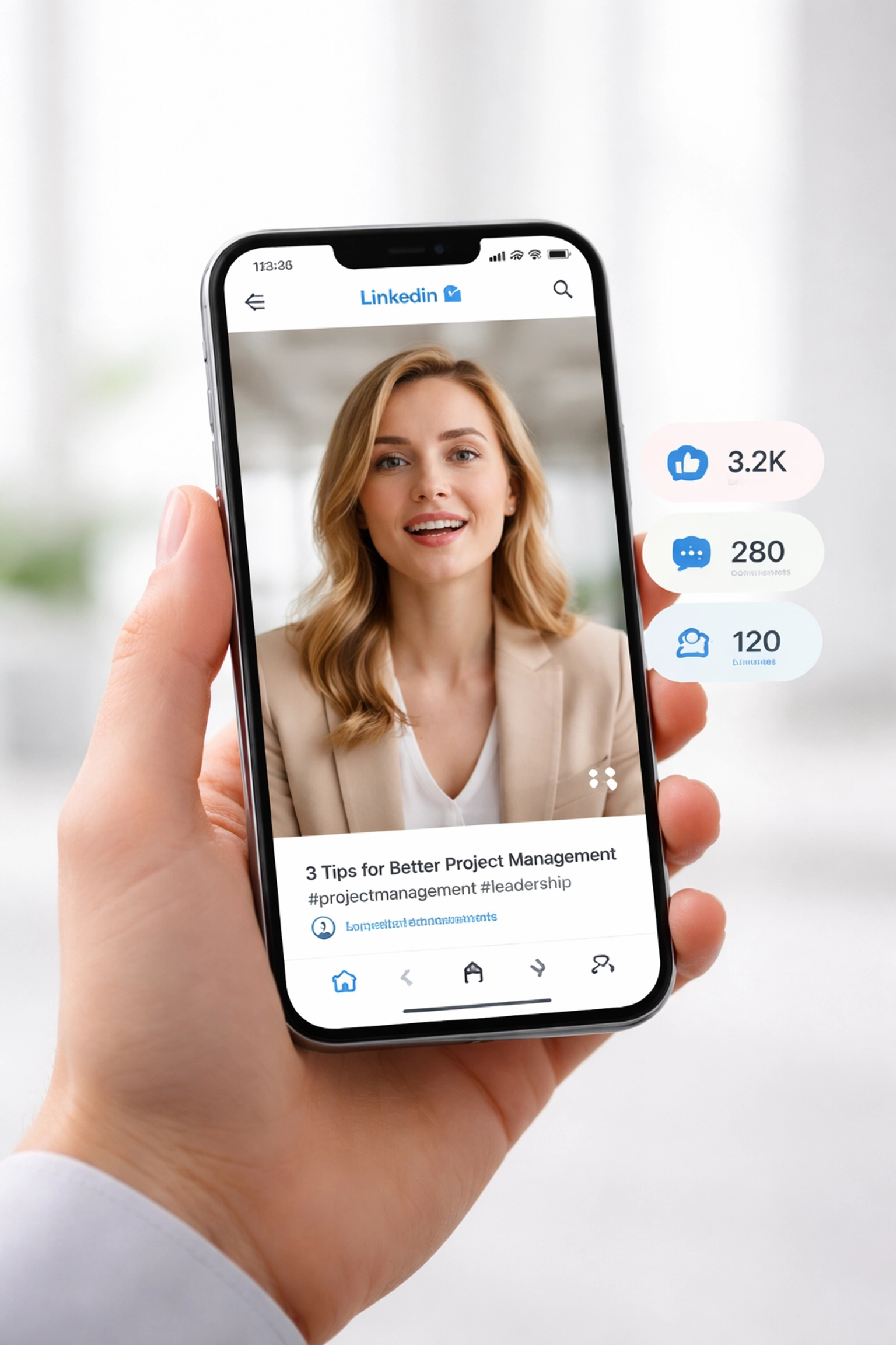 Vidéo verticale LinkedIn sur smartphone montrant une femme professionnelle et des interactions élevées sur le réseau