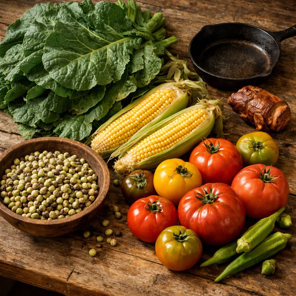 A rustic farmhouse table filled with fresh Southern vegetables like collard greens, corn, and field peas.