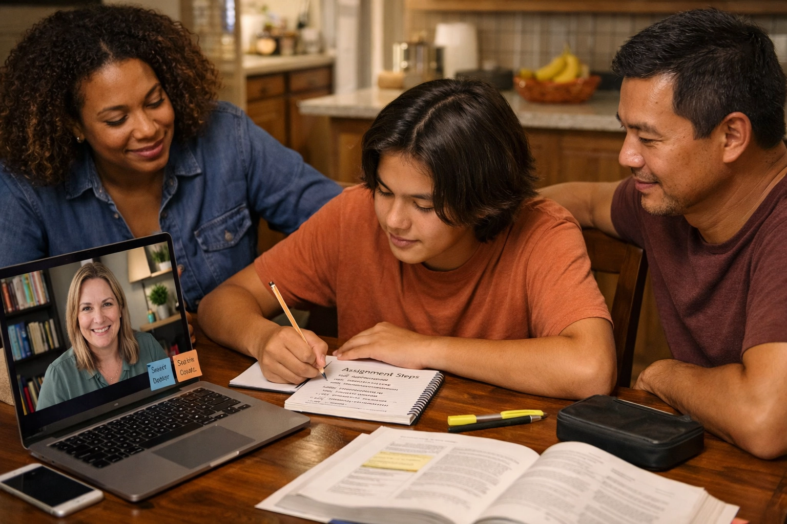 A teen coaching session: breaking homework into steps with a coach on video call and a supportive parent nearby