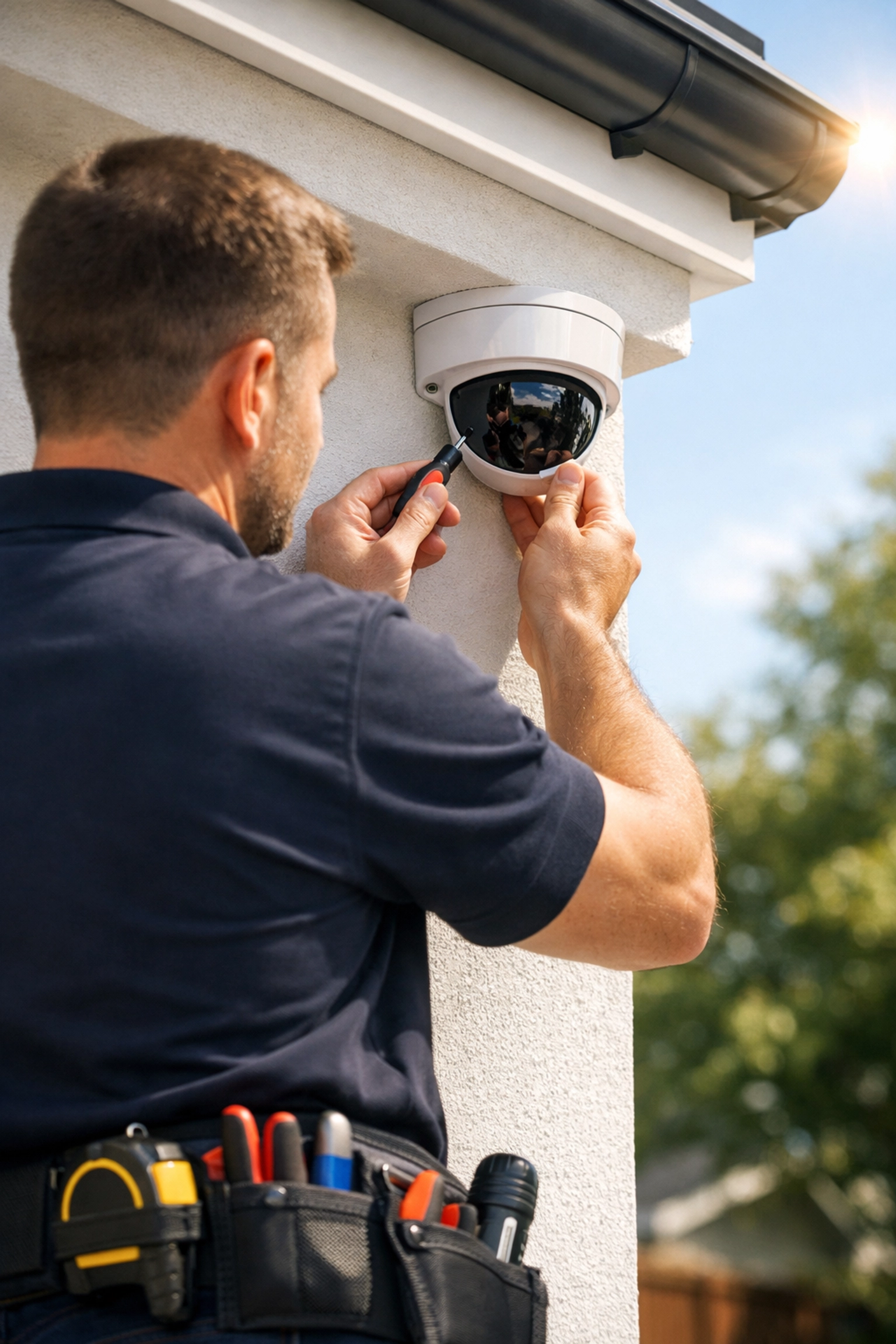 Professional security engineer installing a sleek CCTV camera on a Bridgend home.