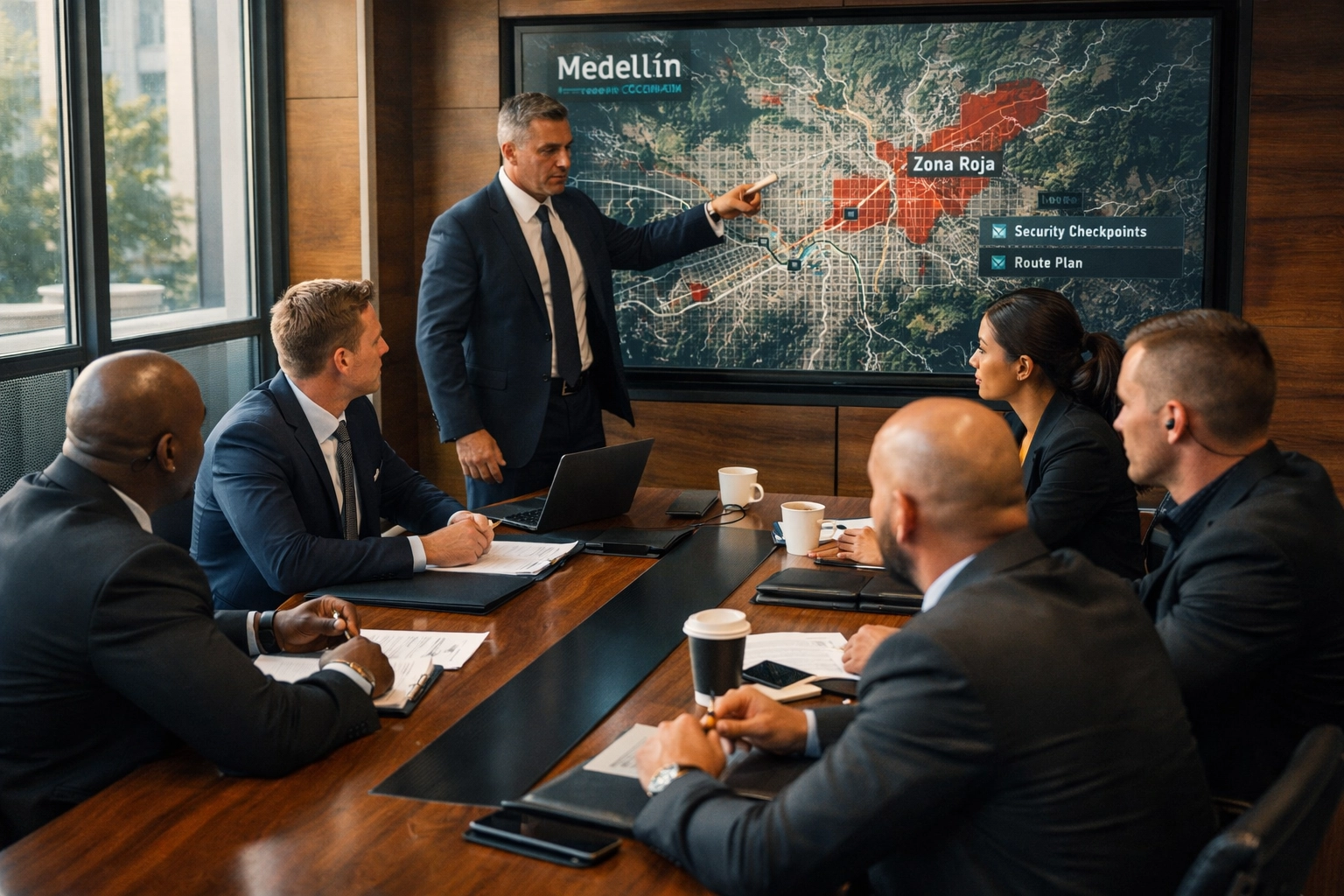 Executive protection team reviewing security plans for Medellin operations in briefing room