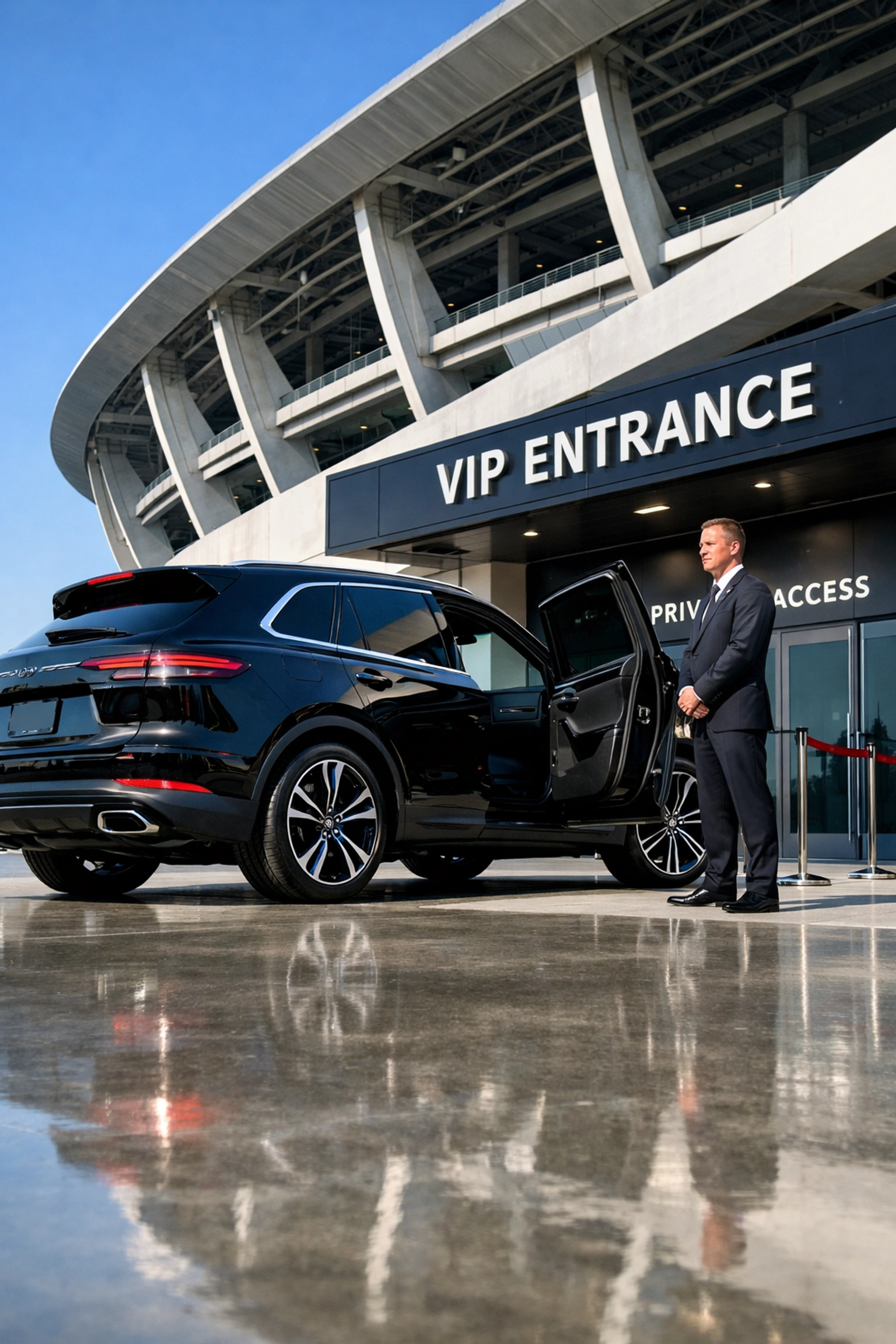 Luxury SUV and professional chauffeur at a private VIP stadium entrance for seamless Super Bowl executive logistics.